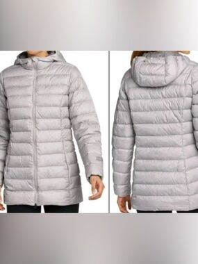 Eddie Bauer Down Puffer Jacket Parka Gray Full Zip Hooded Packable Coat Size S